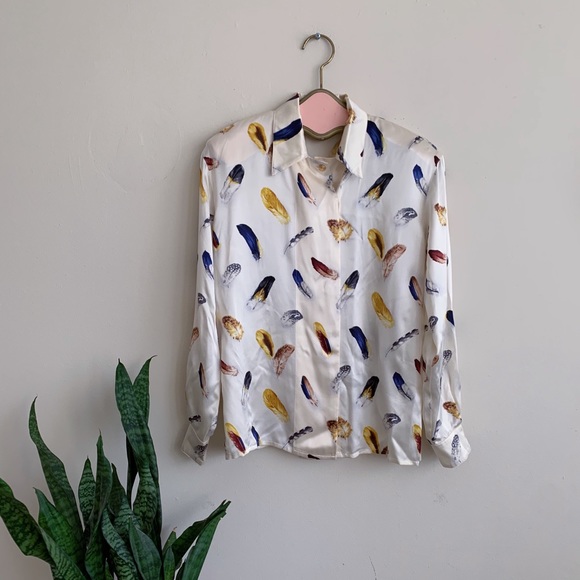 Escada Tops - Escada 100% Silk Feather Print Cream Blouse